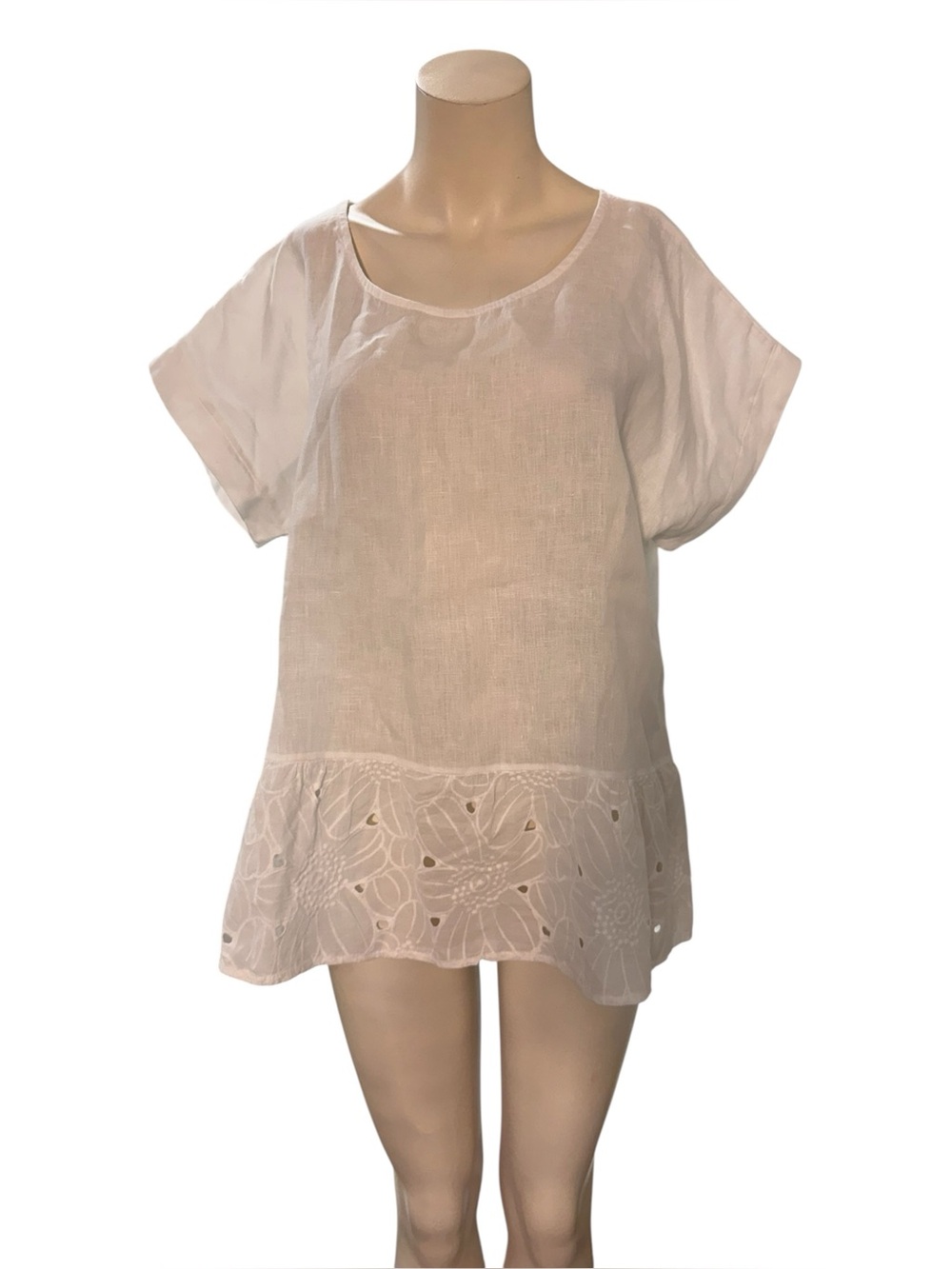Terzo Millennio 100% Linen Embroidered Hem High Low Tunic Top Size L Summer